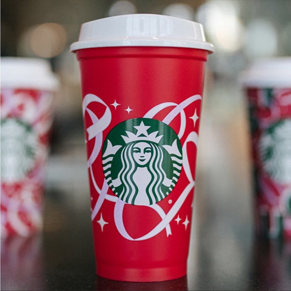 Starbucks 2021 Holiday Swirled Ribbon Reusable Red Grande Hot Cup with Cap
